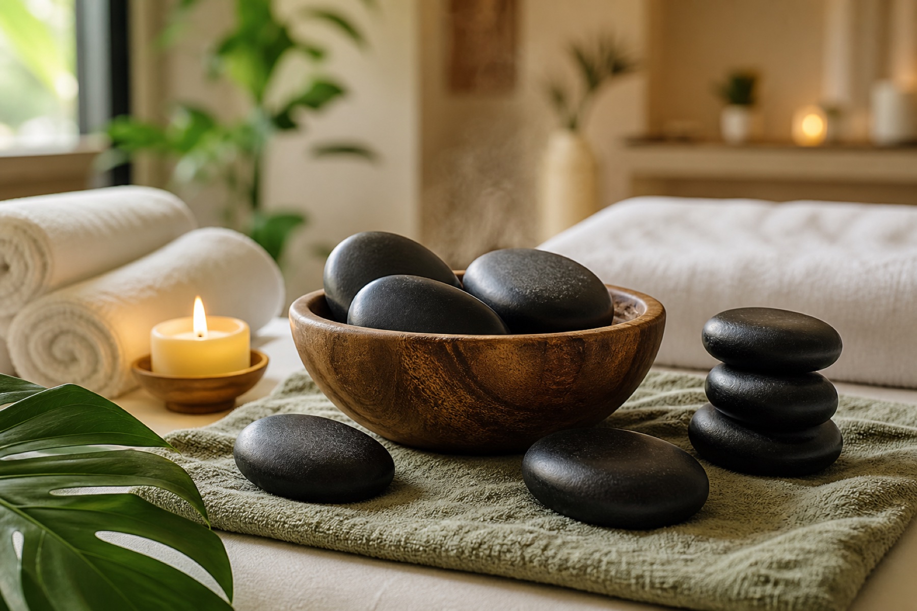 Hot stone massage stones ready for treatment
