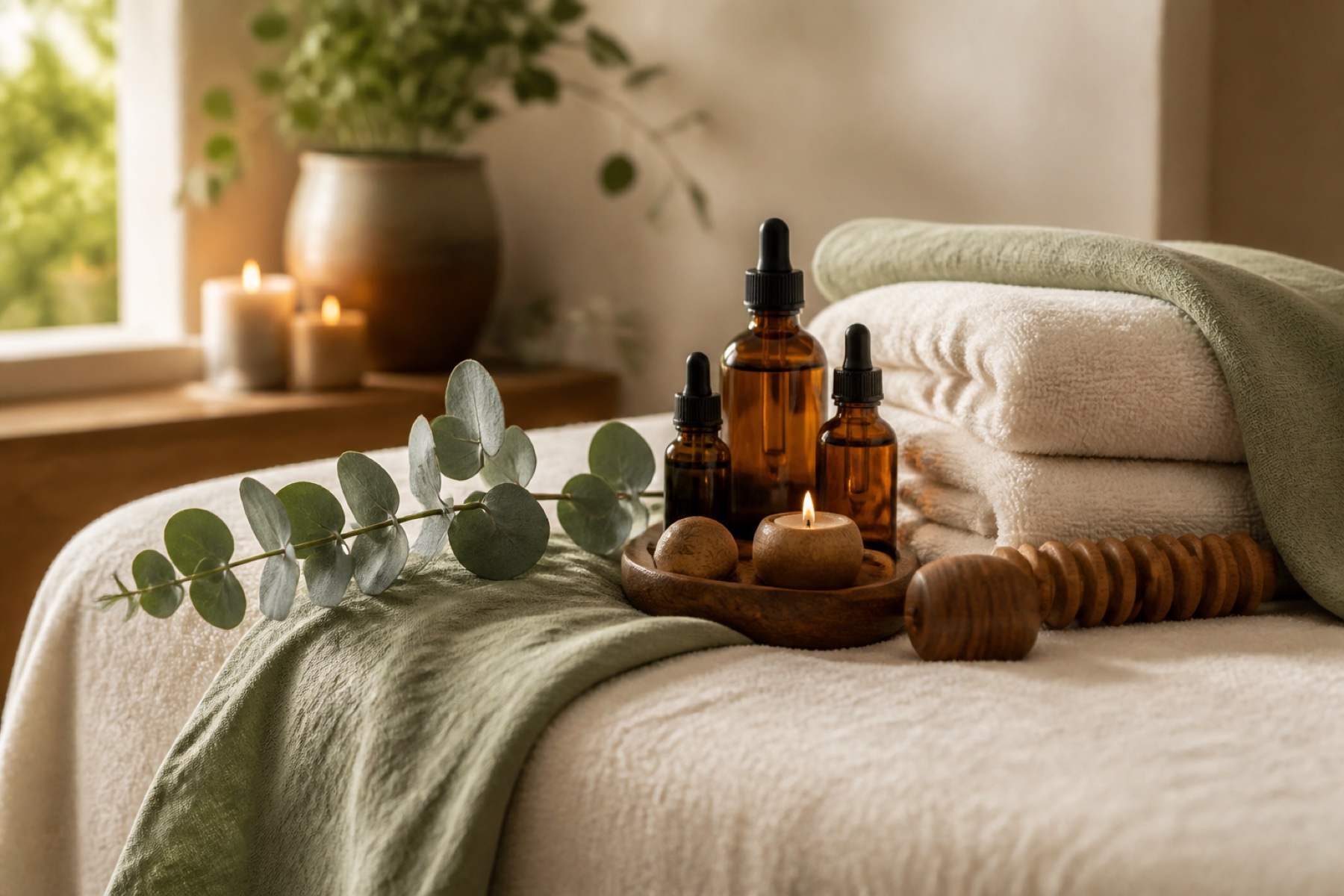 Massage oils and spa linens ready for treatment
